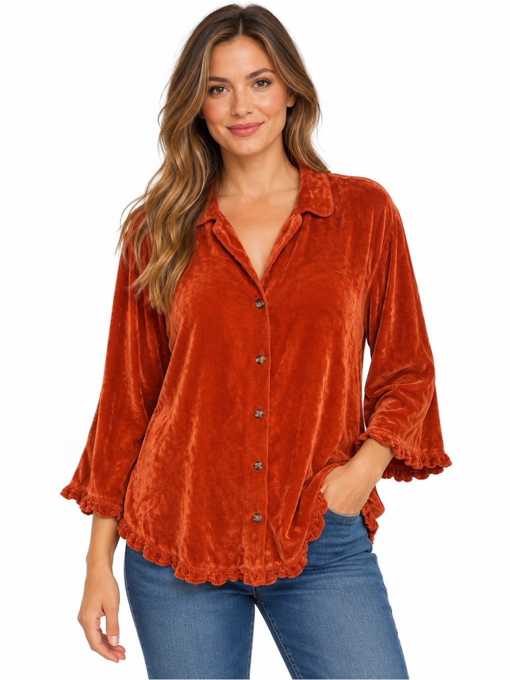 CP Shades Velvet Tunic Button Up Top Relaxed  Womens Size Large Orange Ruffle
